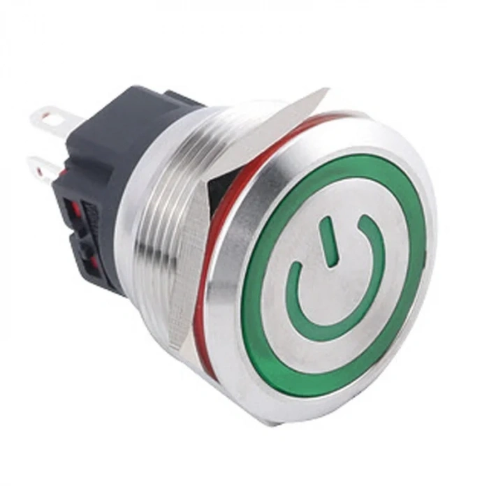 WD25B-P1-EC 25mm Düz Yaylı Işıklı Power Metal Buton - Yeşil