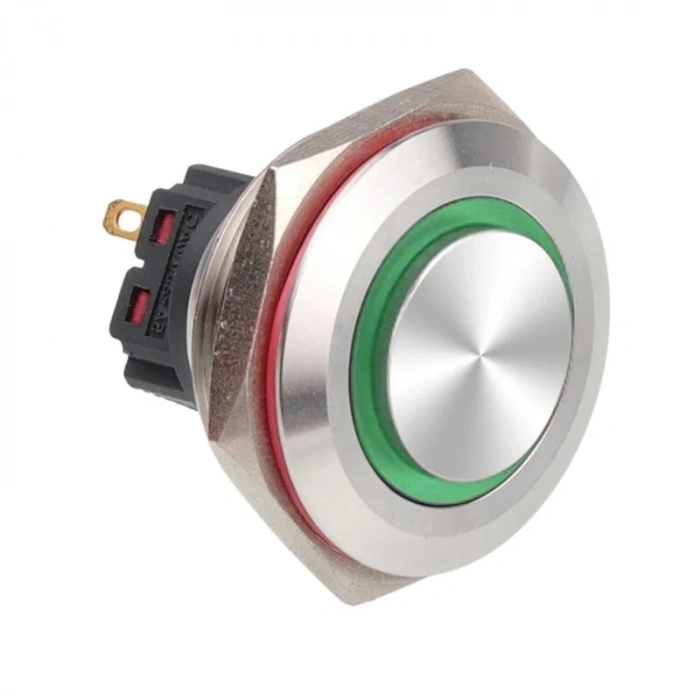 WD28B-G1-E 28mm Çıkık Yaylı Işıklı Metal Buton - Yeşil