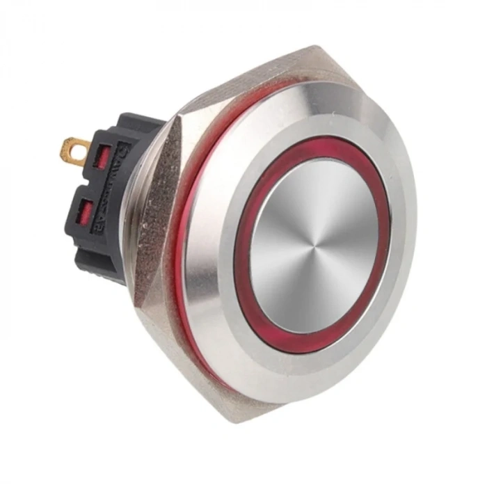 WD28B-P1-E 28mm Düz Yaylı Işıklı Metal Buton - Kırmızı