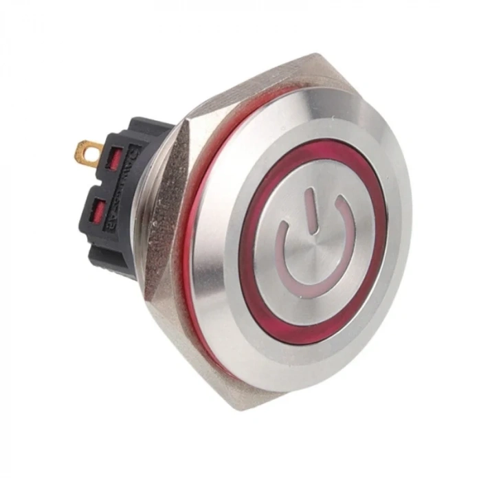 WD28B-P1Z-EC 28mm Düz Anahtarlı Işıklı Power Metal Buton - Kırmızı