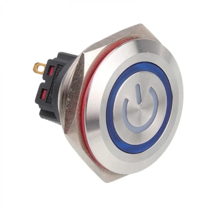 WD28B-P1Z-EC 28mm Düz Anahtarlı Işıklı Power Metal Buton - Mavi