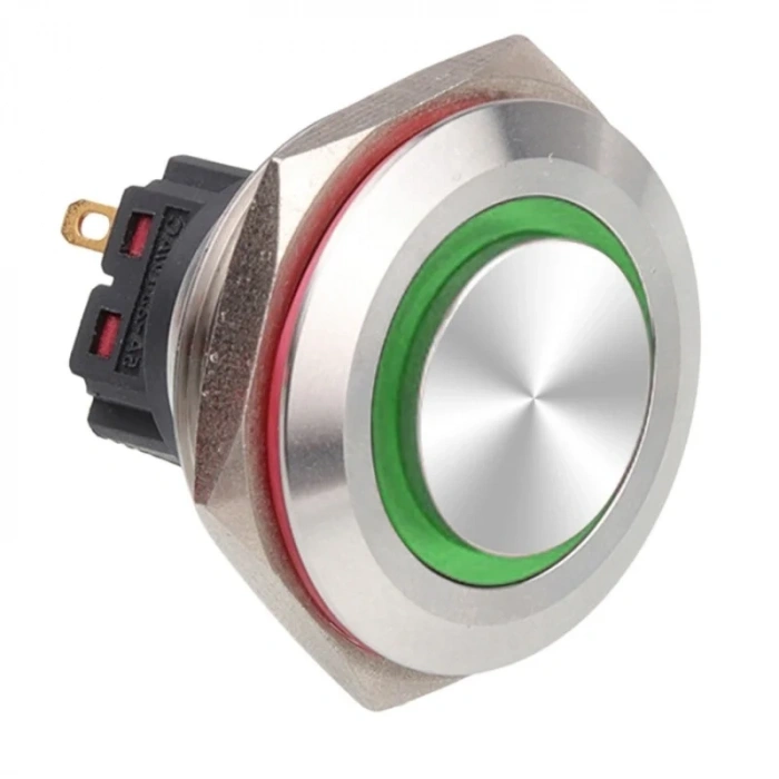 WD30B-G1-E 30mm Çıkık Yaylı Işıklı Metal Buton - Yeşil