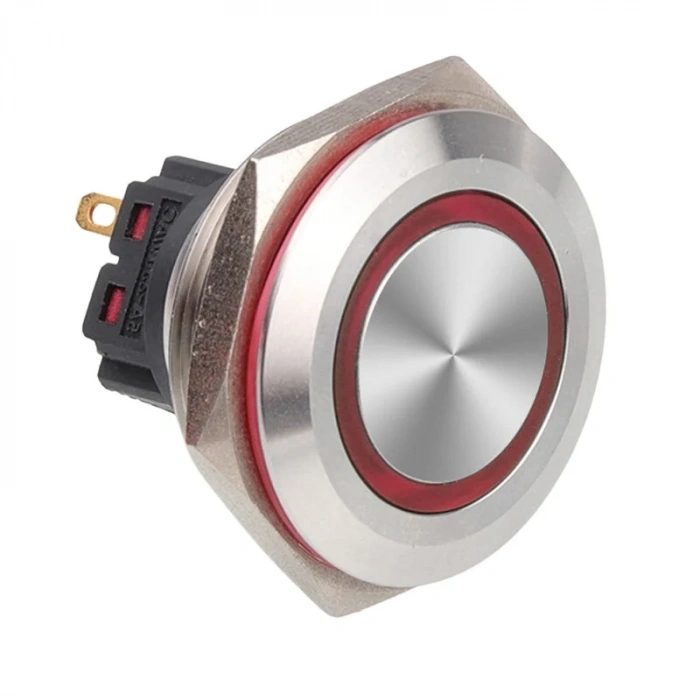 WD30B-P1-E 30mm Düz Yaylı Işıklı Metal Buton - Kırmızı