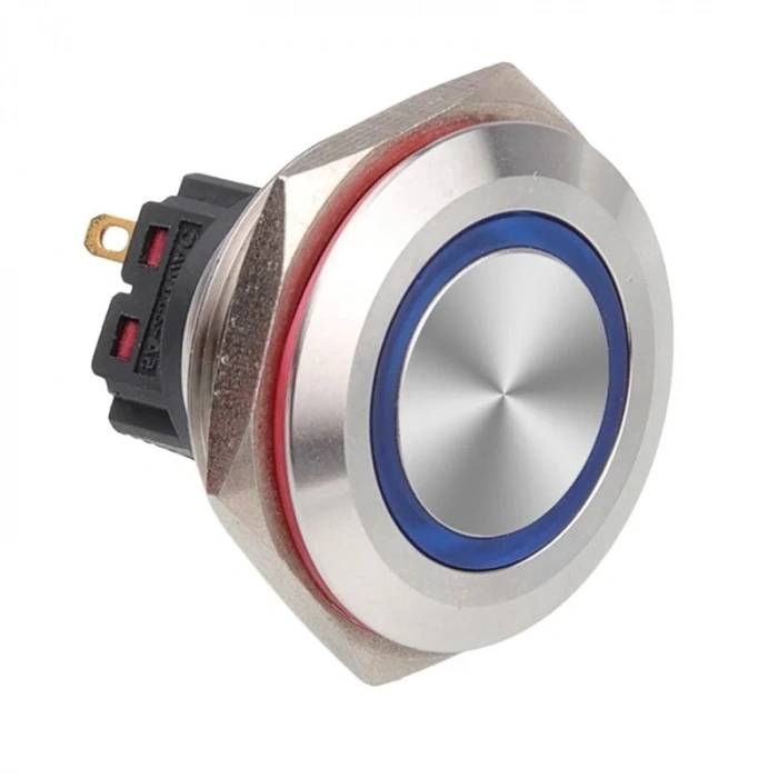 WD30B-P1-E 30mm Düz Yaylı Işıklı Metal Buton - Mavi
