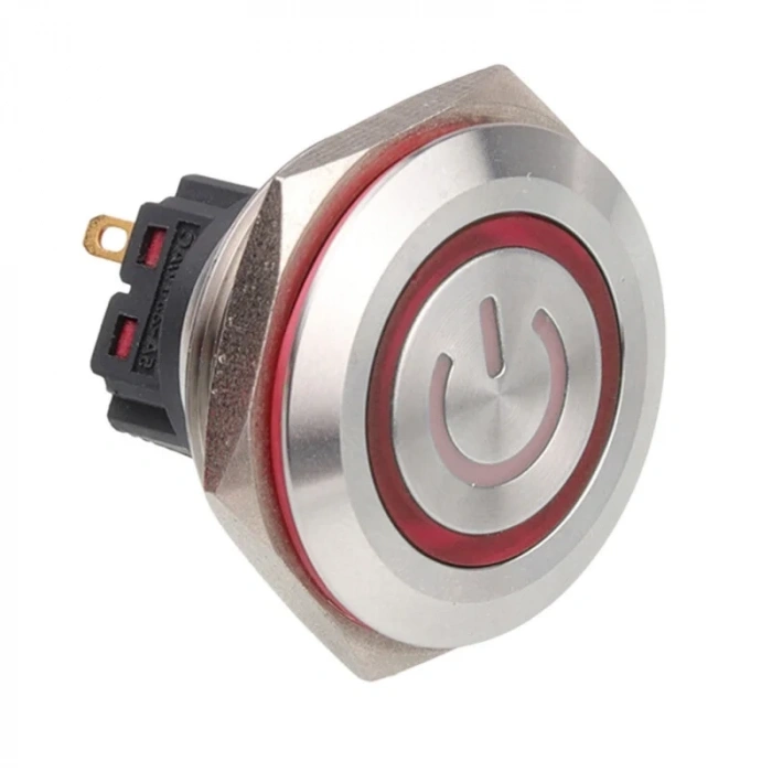 WD30B-P1-EC 30mm Düz Yaylı Işıklı Power Metal Buton - Kırmızı