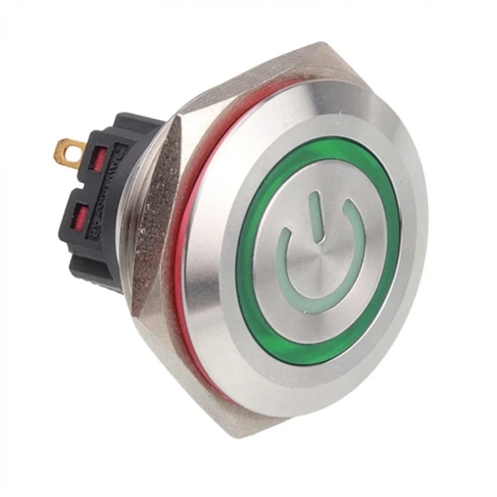 WD30B-P1-EC 30mm Düz Yaylı Işıklı Power Metal Buton - Yeşil