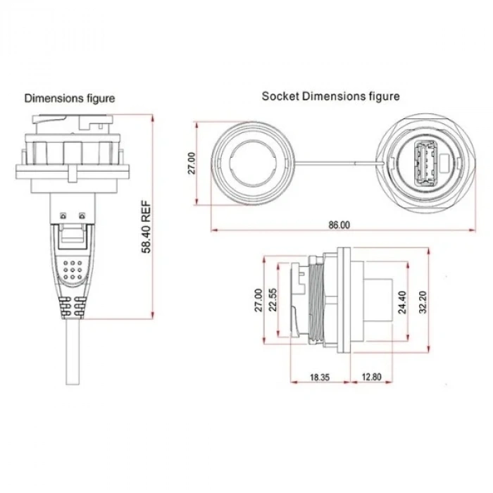 YU-USB2-FS-MP-1M-001A Su Geçirmez Dişi-Erkek USB Konnektör - 1M Kablo