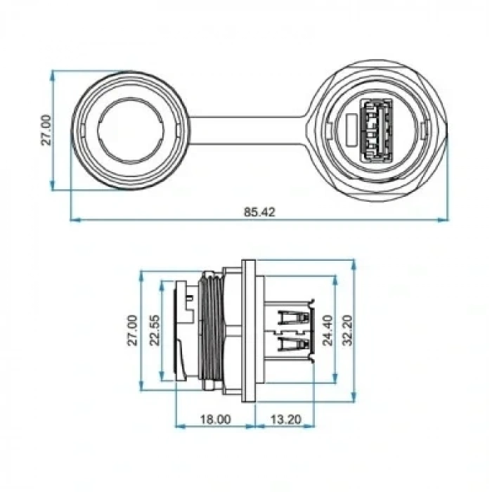 YU-USB2-JSX-01-001 Su Geçirmez USB Konnektör - Dişi
