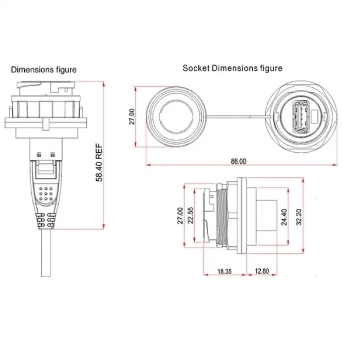 YU-USB3-FS-MP-1M-001A Su Geçirmez Dişi-Erkek USB Konnektör - 1M Kablo