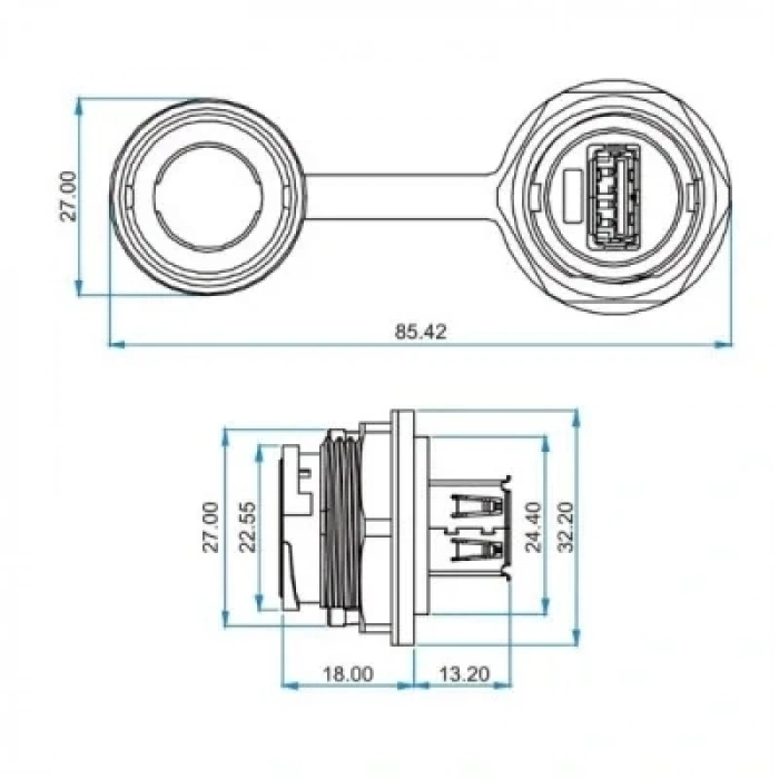 YU-USB3-JSX-01-001 Su Geçirmez USB Konnektör - Dişi