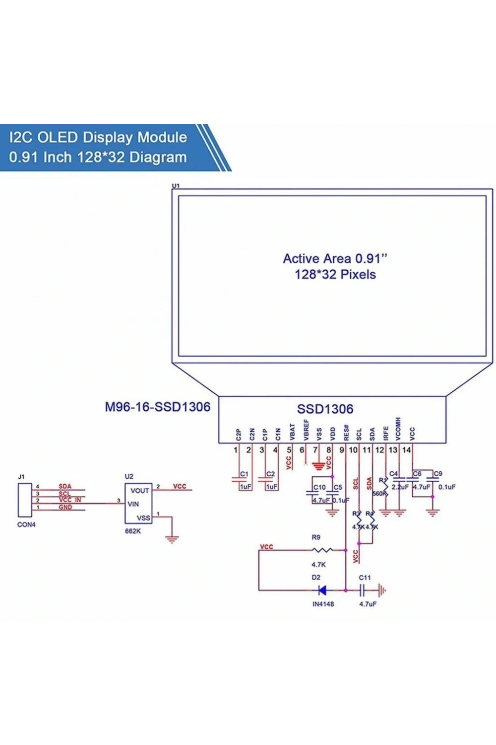128x32 Oled Lcd Ekran 0.91 Inch SSD1306