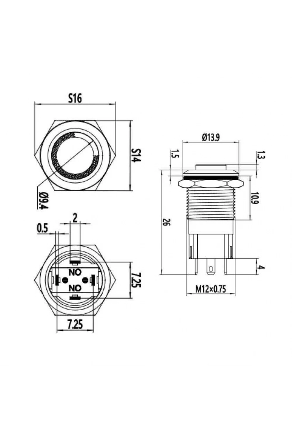 12A-G1Z-E 12mm Çıkık Anahtarlı Işıklı Metal Buton - Yeşil