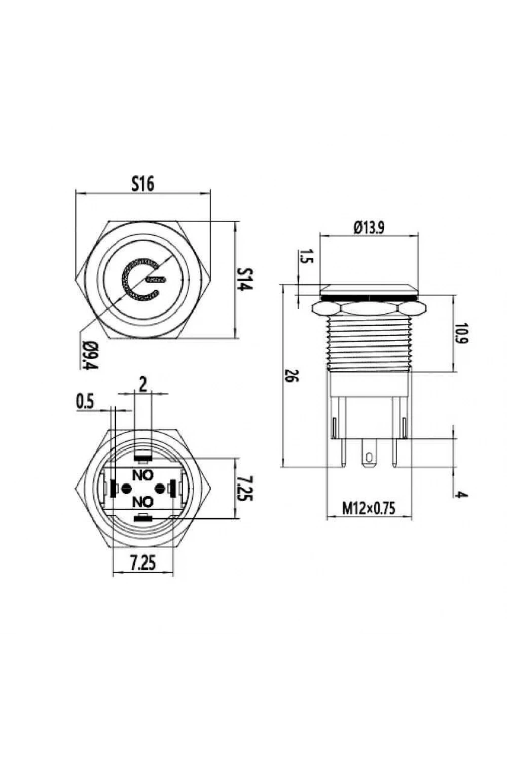 12A-P1-C 12mm Düz Yaylı Işıklı Power Metal Buton - Beyaz