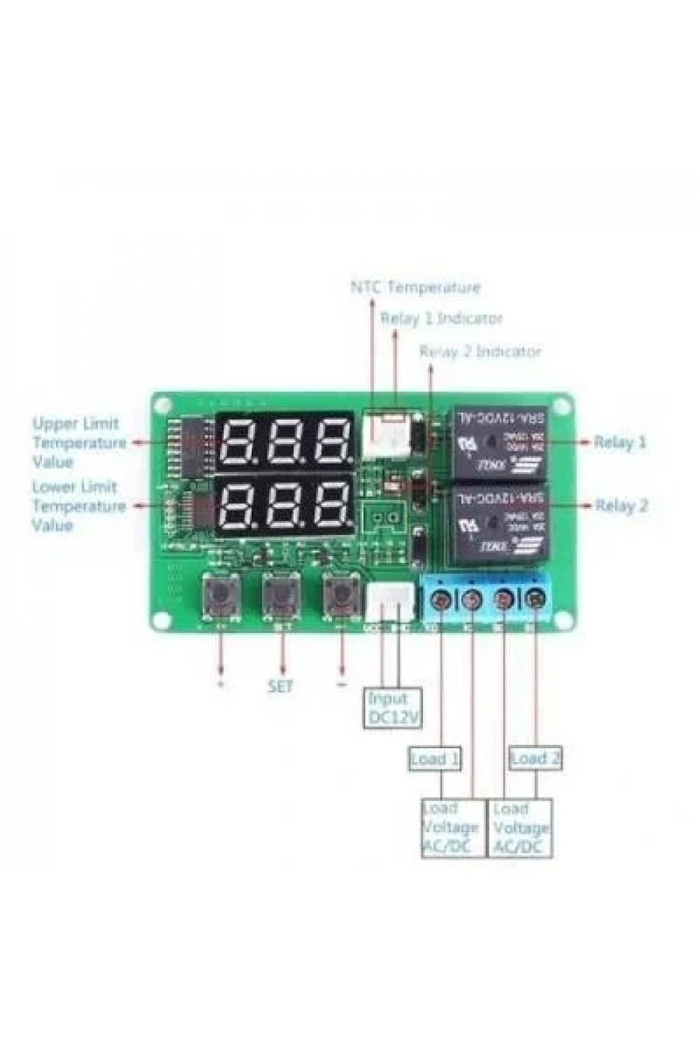 12V 2 Kanal Röle Çıkışlı Dijital Termostat - Kırmızı/Mavi