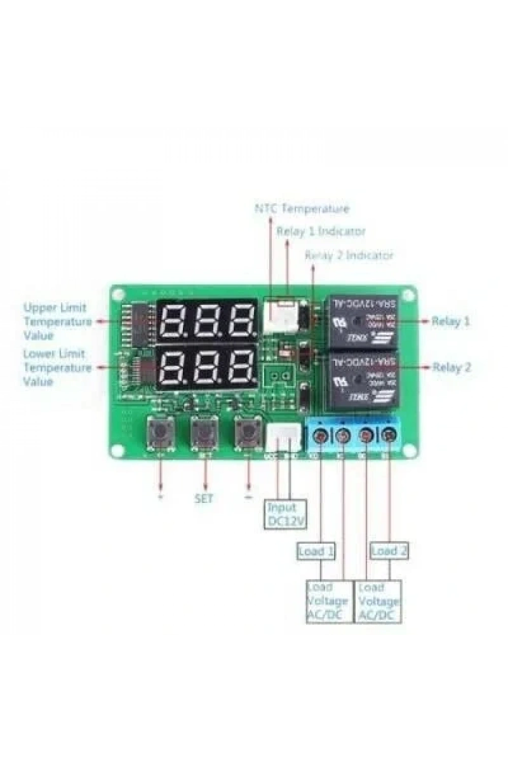 12V 2 Kanal Röle Çıkışlı Dijital Termostat - Kırmızı/Yeşil