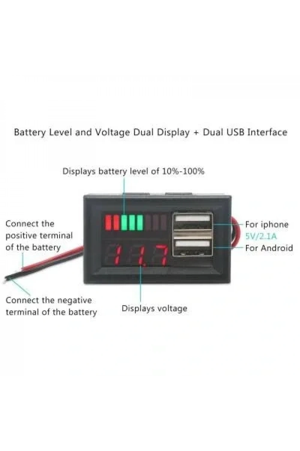 12V Akü Kapasite Göstergesi - 5V 2A USB Çıkışlı