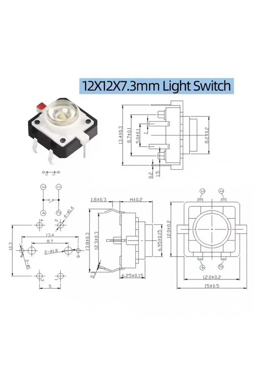 12x12mm Yeşil Led Işıklı Tact Switch