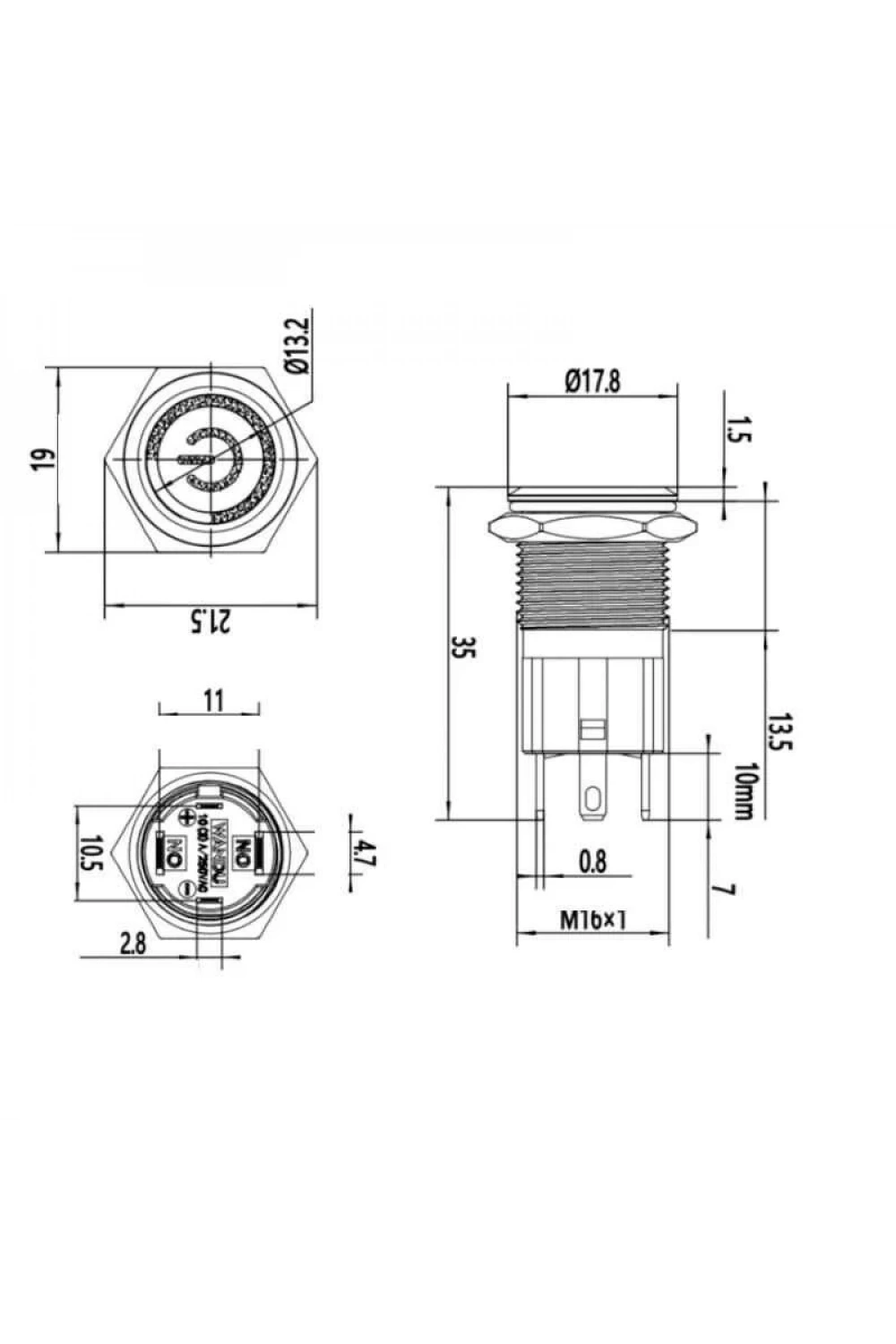 16D-P1Z-EC 16mm Düz Anahtarlı Işıklı Power Metal Buton - Sarı