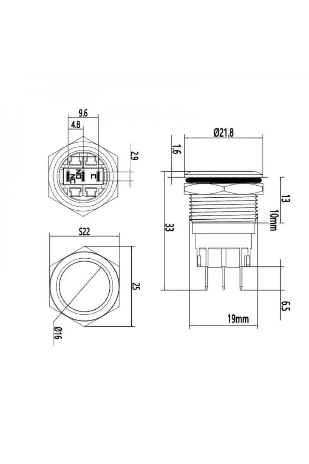 WD19A-P1 19mm Düz Yaylı Metal Buton