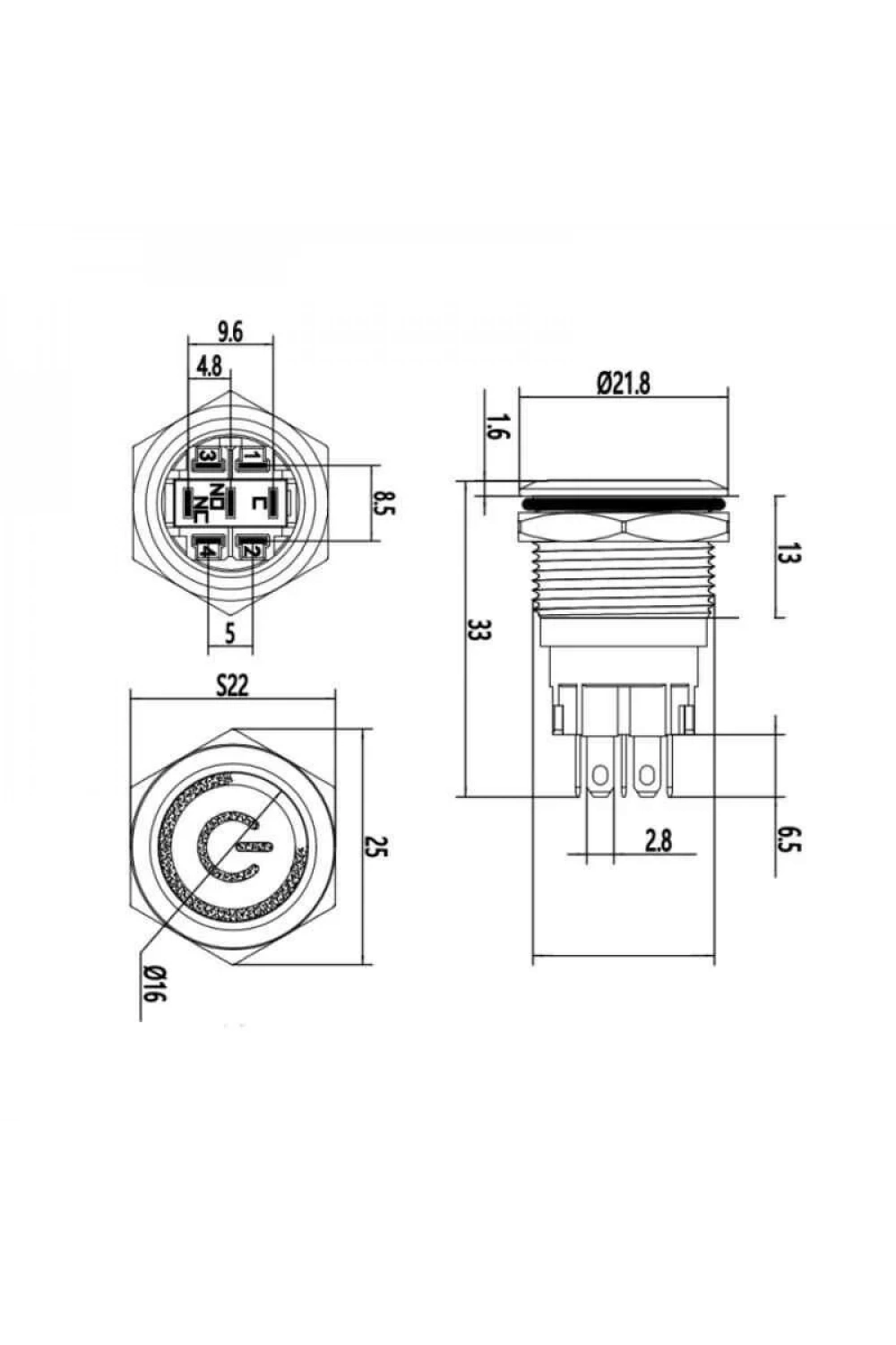 19A-P1Z-EC 19mm Düz Anahtarlı Işıklı Power Metal Buton - Mavi