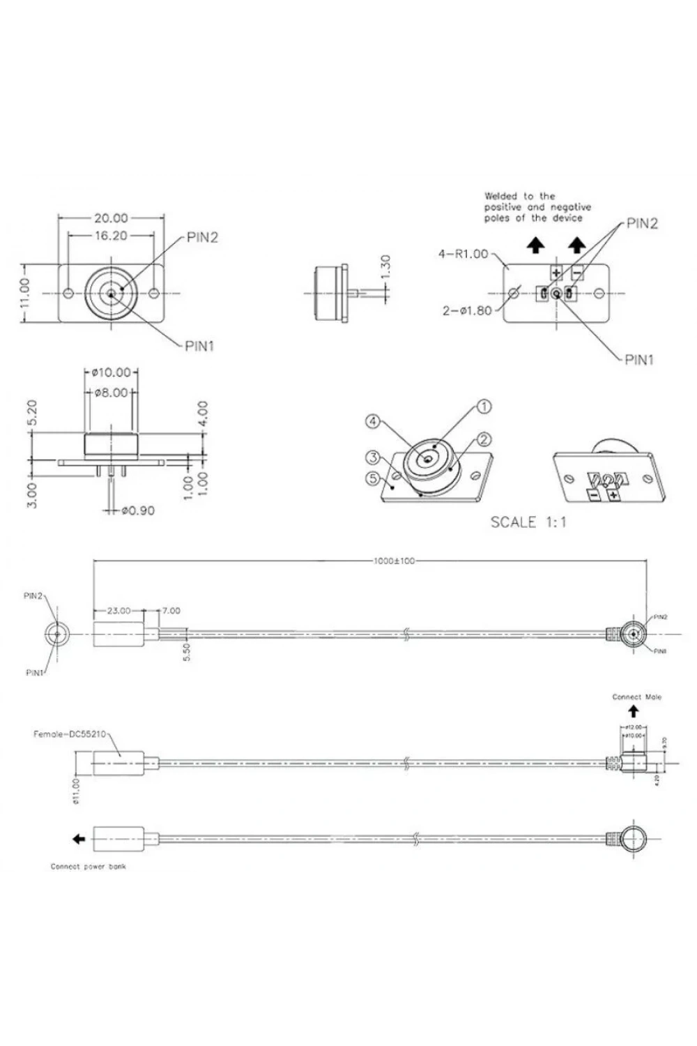 2-Pin 10mm 90C Kablolu PCBli Pogo Pin Manyetik Konnektör Takımı - DC Soketli