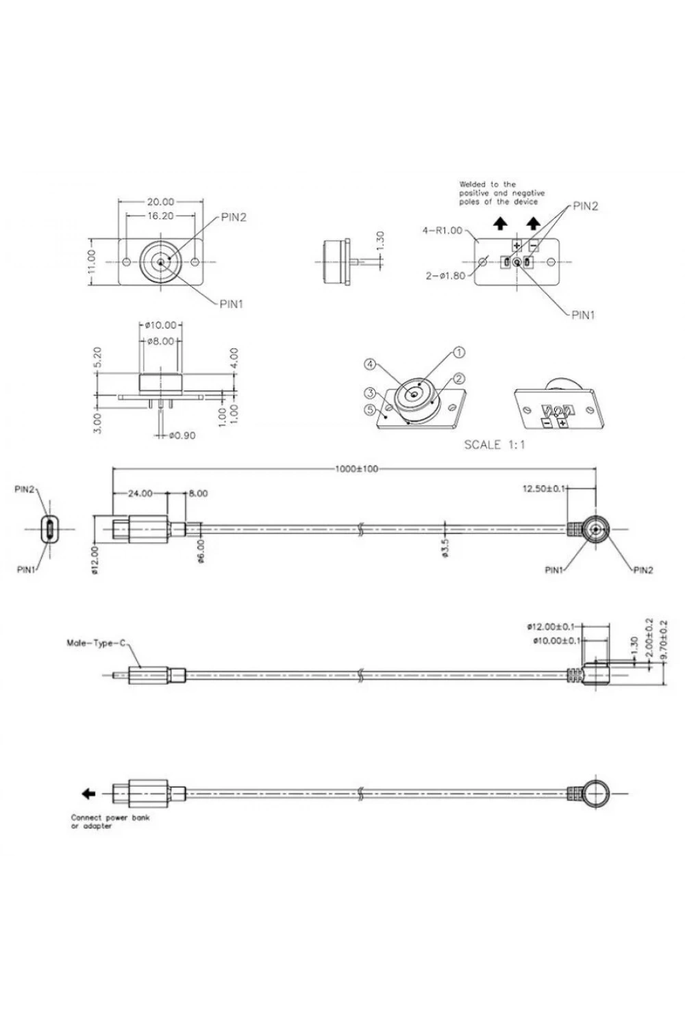 2-Pin 10mm 90C Kablolu PCBli Pogo Pin Manyetik Konnektör Takımı - Type-C Soketli