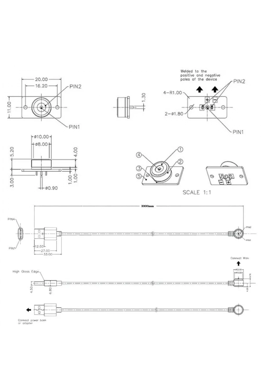 2-Pin 10mm 90C Kablolu PCBli Pogo Pin Manyetik Konnektör Takımı - USB Soketli
