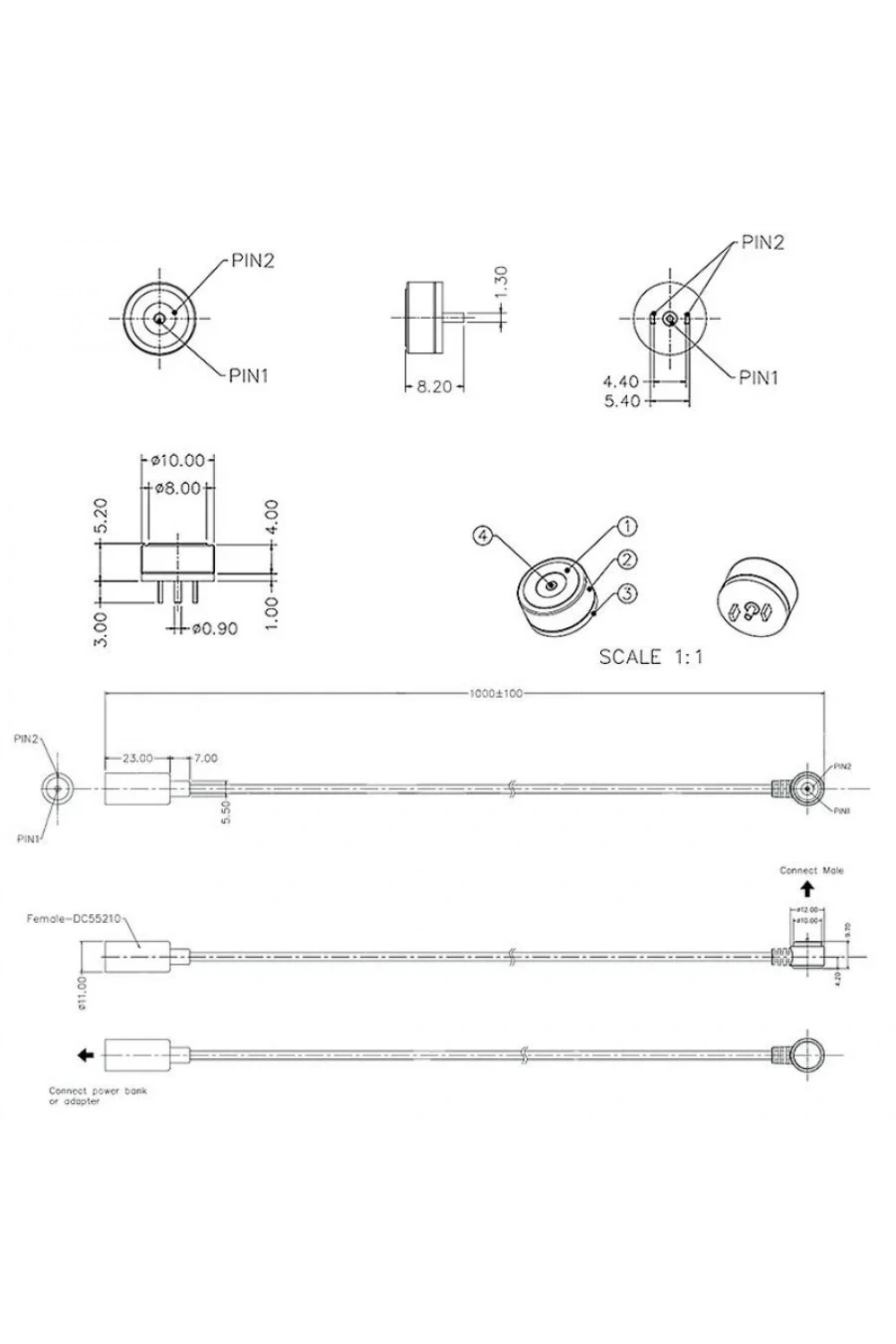 2-Pin 10mm 90C Kablolu Pogo Pin Manyetik Konnektör Takımı - DC Soketli