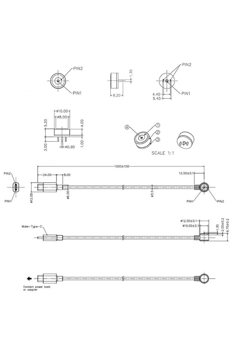 2-Pin 10mm 90C Kablolu Pogo Pin Manyetik Konnektör Takımı - Type-C Soketli