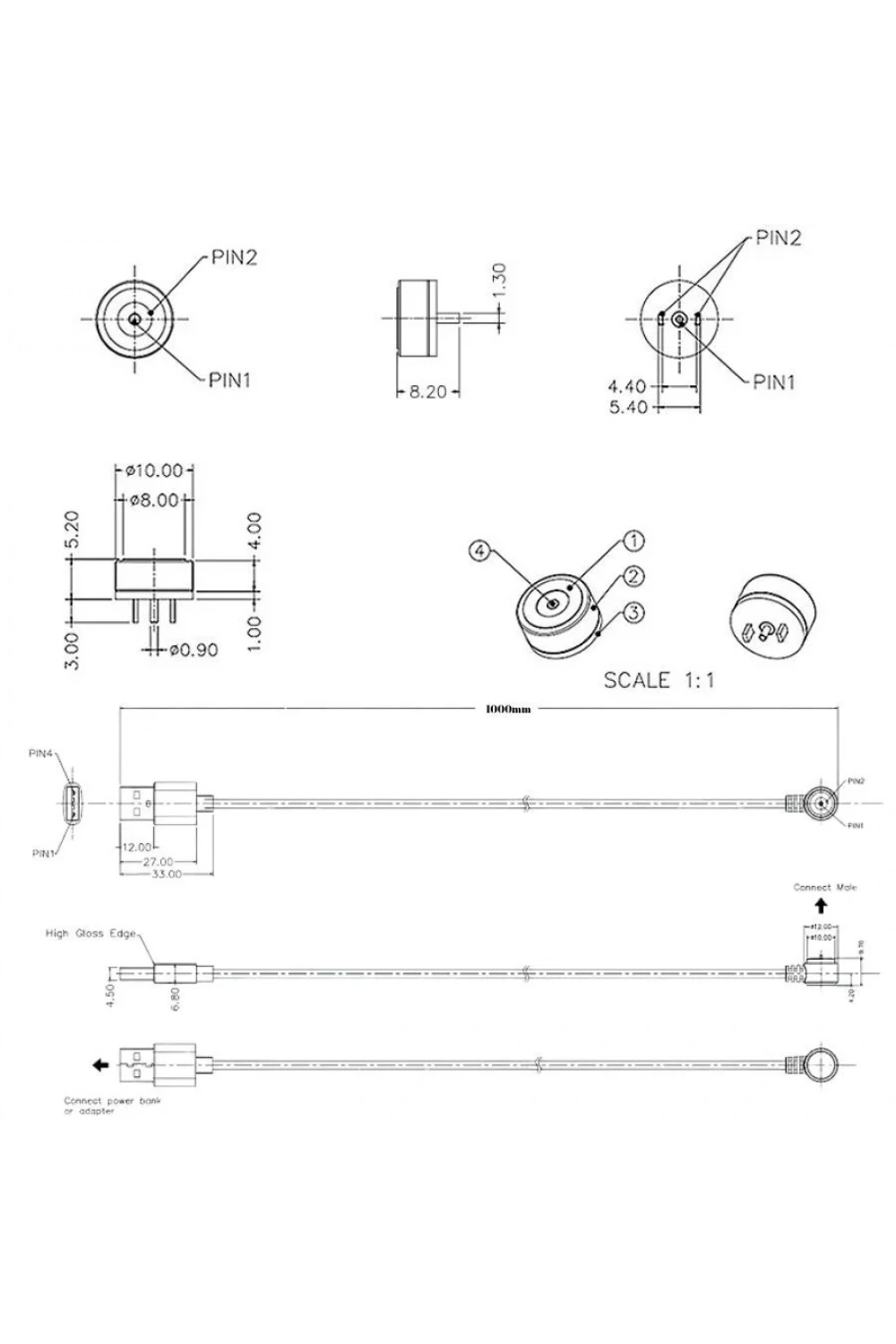 2-Pin 10mm 90C Kablolu Pogo Pin Manyetik Konnektör Takımı - USB Soketli