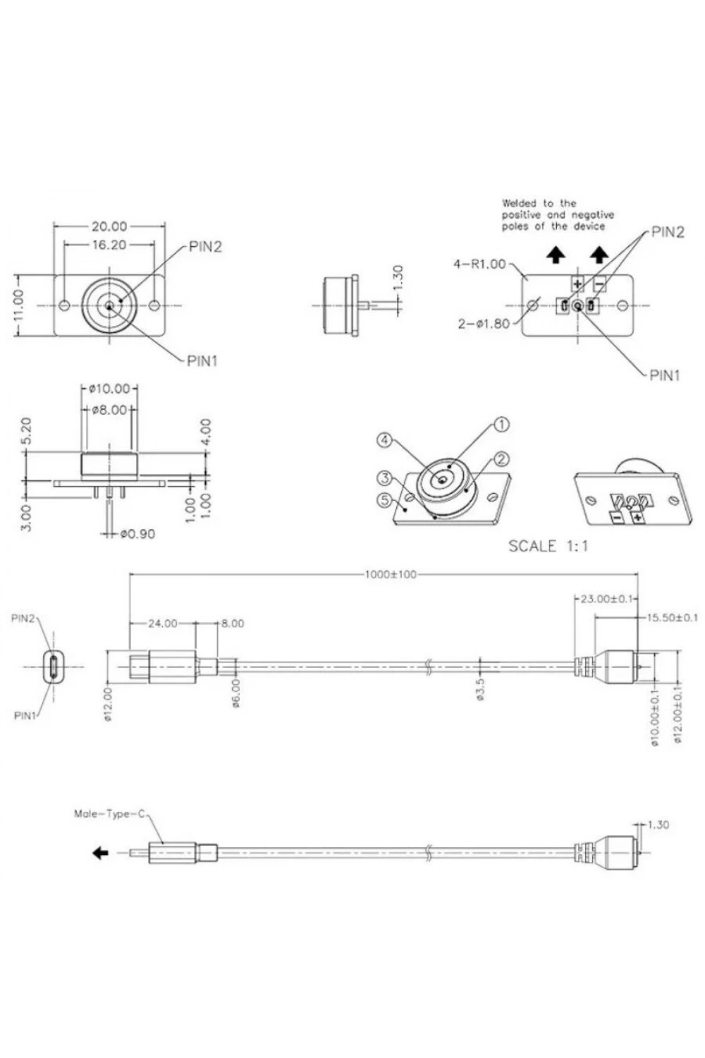 2-Pin 10mm Kablolu PCBli Pogo Pin Manyetik Konnektör Takımı - Type-C Soketli