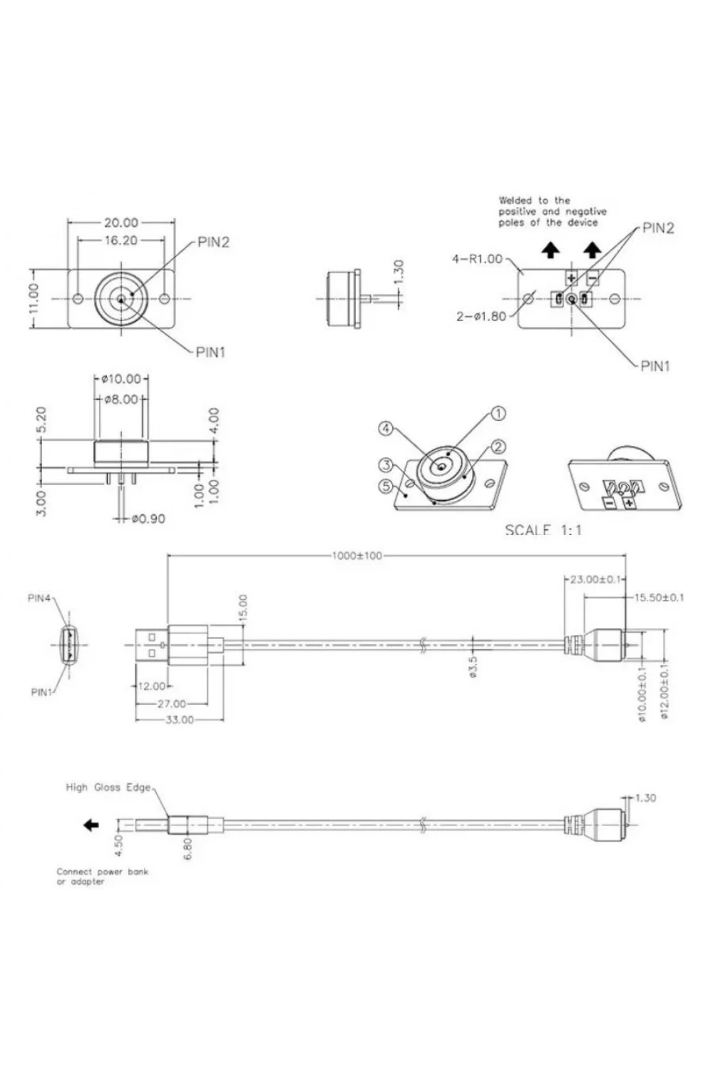 2-Pin 10mm Kablolu PCBli Pogo Pin Manyetik Konnektör Takımı - USB Soketli