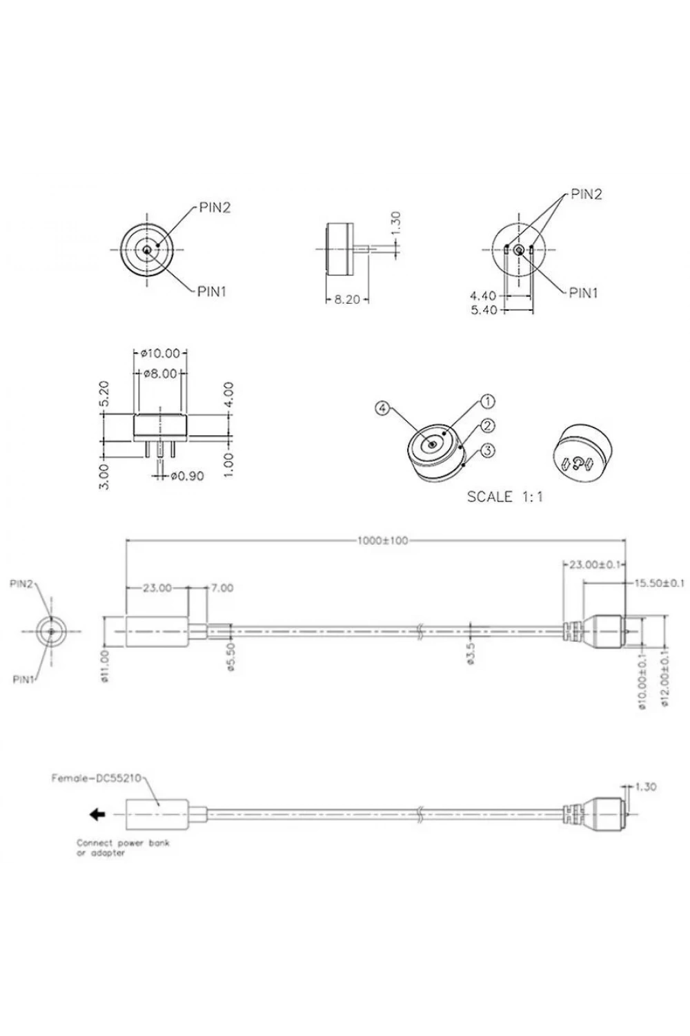 2-Pin 10mm Kablolu Pogo Pin Manyetik Konnektör Takımı - DC Soketli