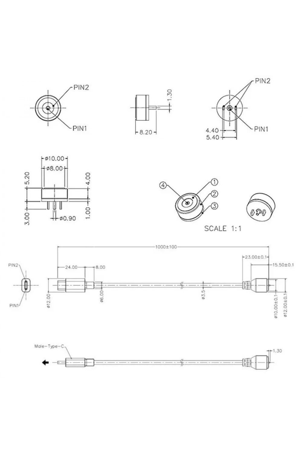 2-Pin 10mm Kablolu Pogo Pin Manyetik Konnektör Takımı - Type-C Soketli