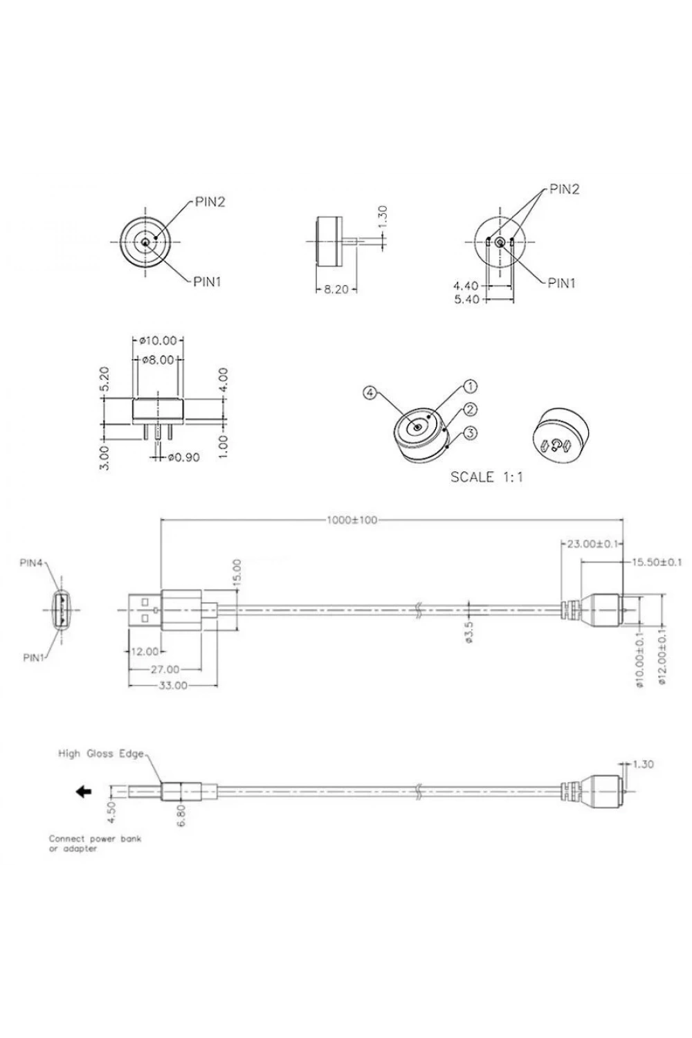 2-Pin 10mm Kablolu Pogo Pin Manyetik Konnektör Takımı - USB Soketli