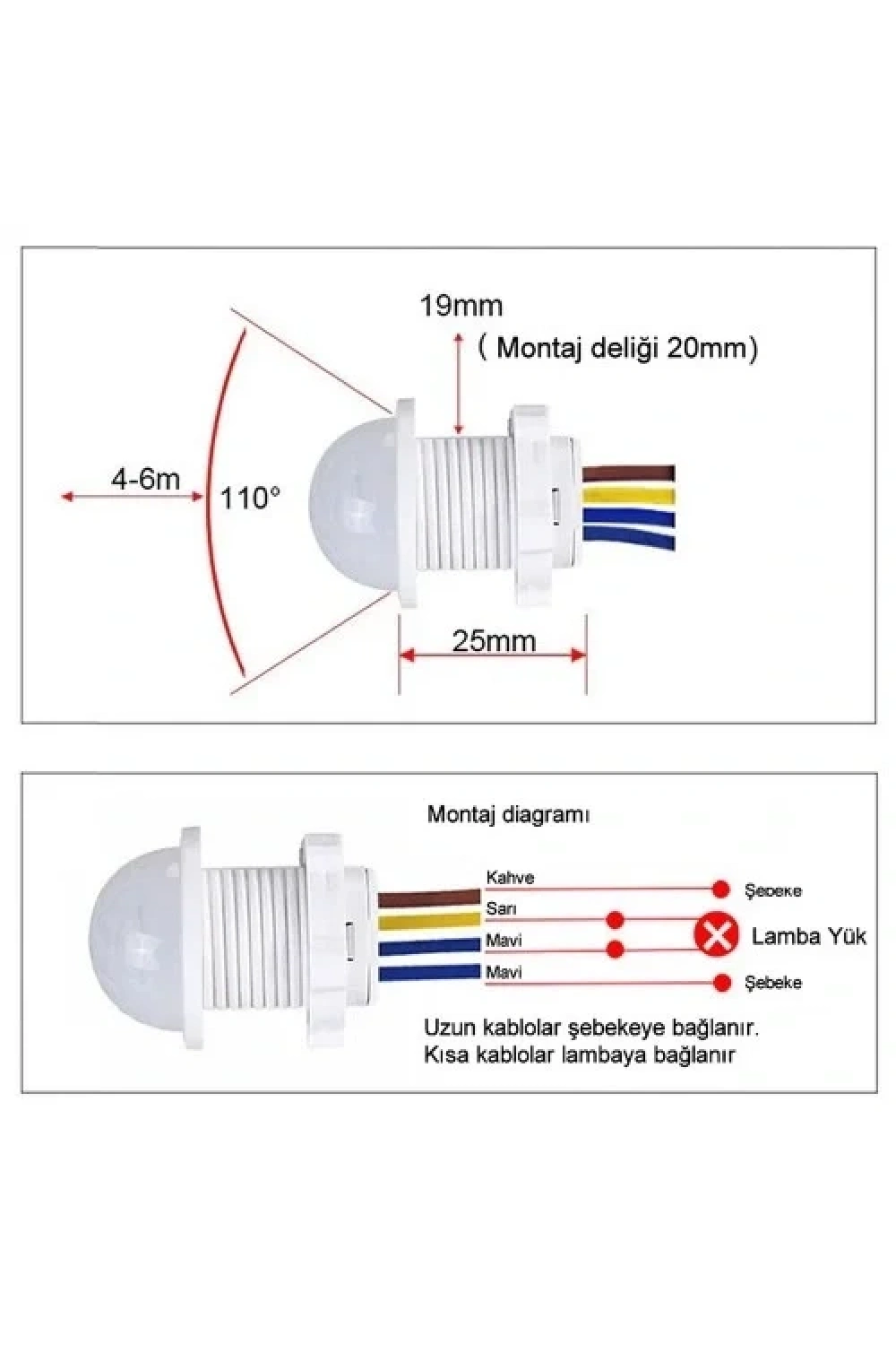 220V Hareket Pır Sensörü - Otomatik Lamba Sensörü 25cm Kablolu