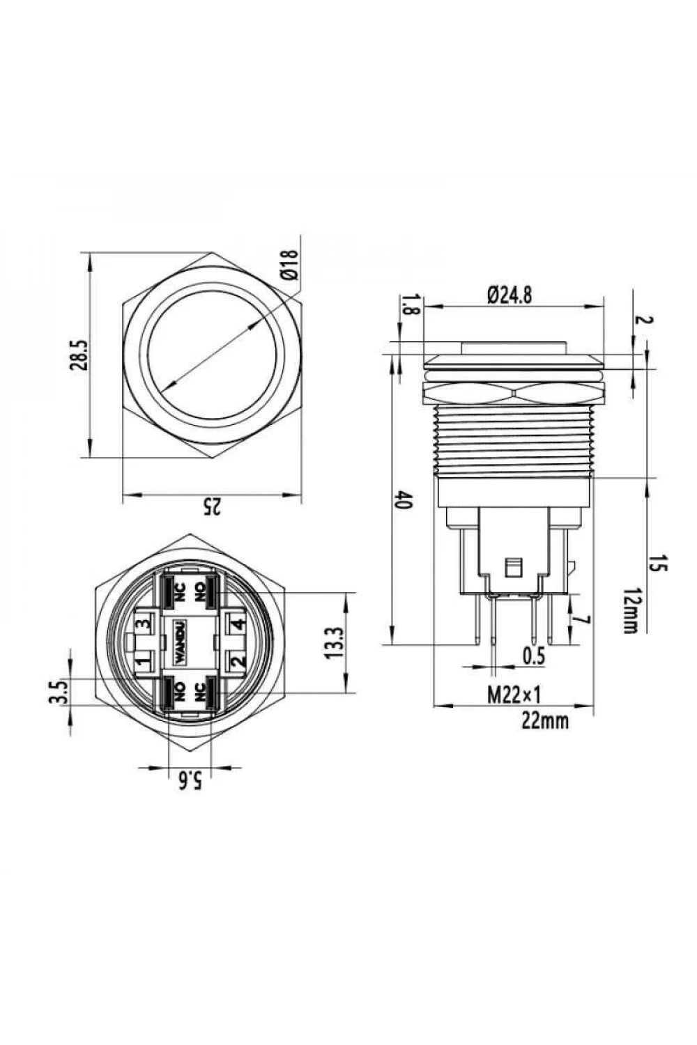 22E-G1 22mm Çıkık Yaylı Metal Buton