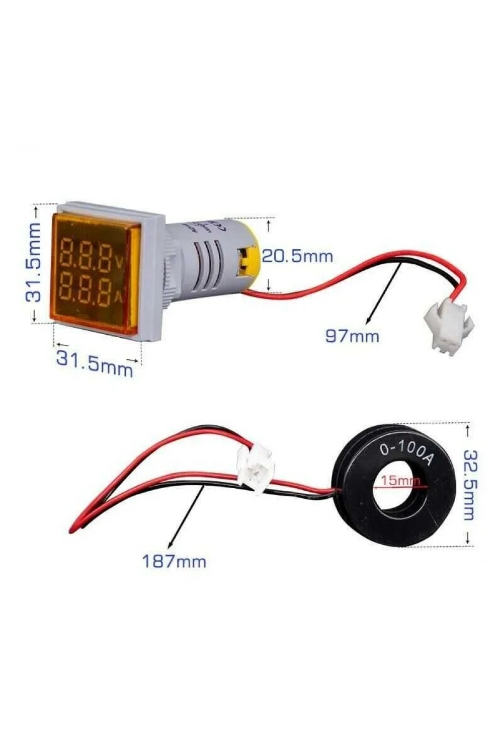 22mm Dijital Voltmetre-Ampermetre AC 20-500V 0-100A Sarı