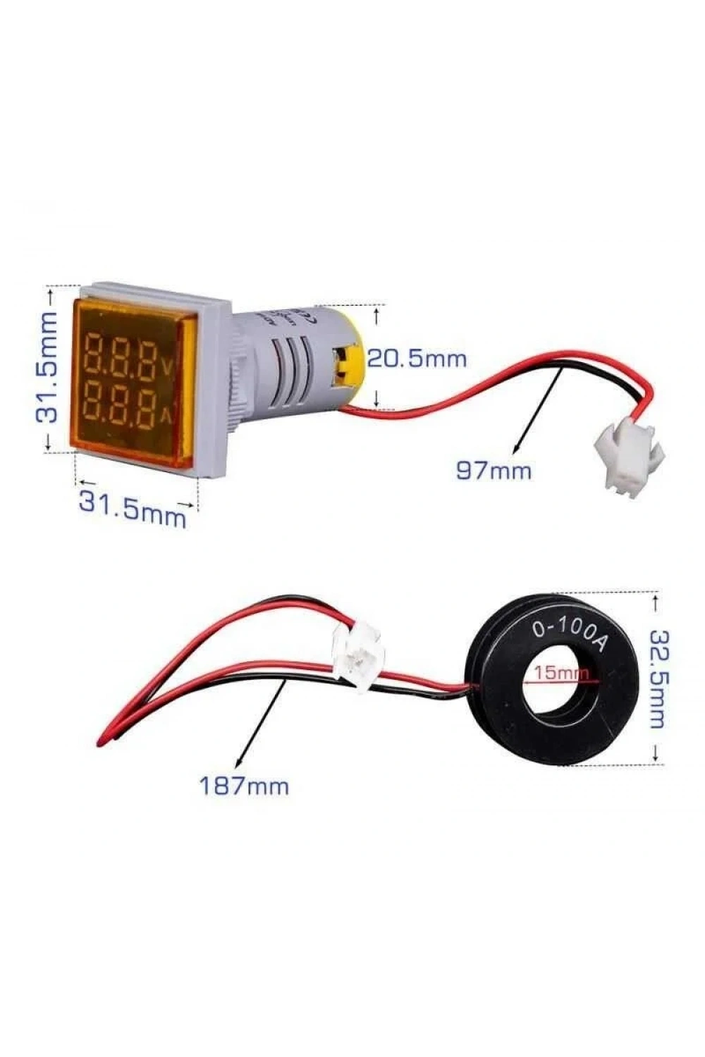 22mm Dijital Voltmetre-Ampermetre AC 20-500V 0-100A Yeşil