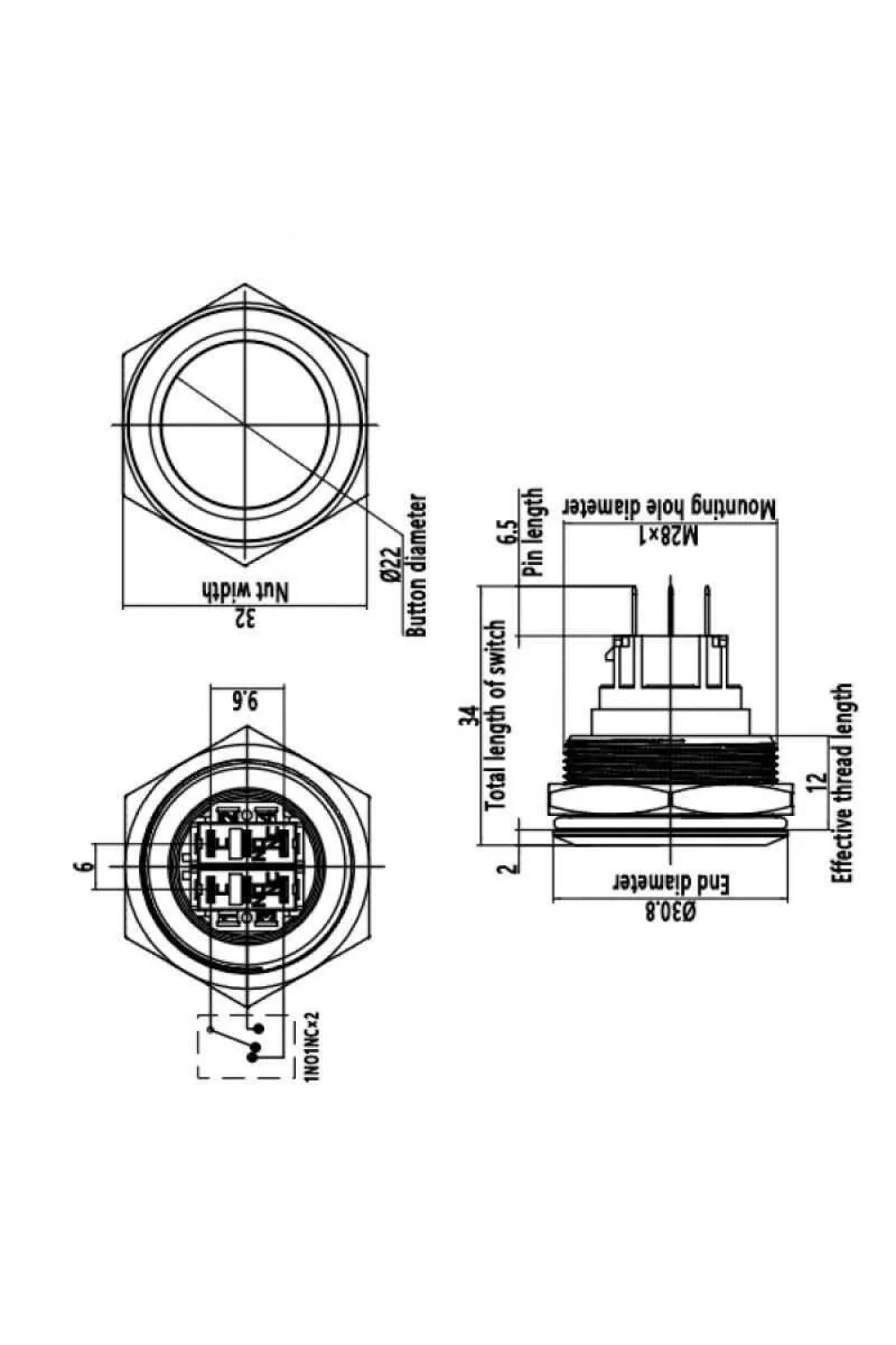 WD28B-P1 28mm Düz Yaylı Metal Buton
