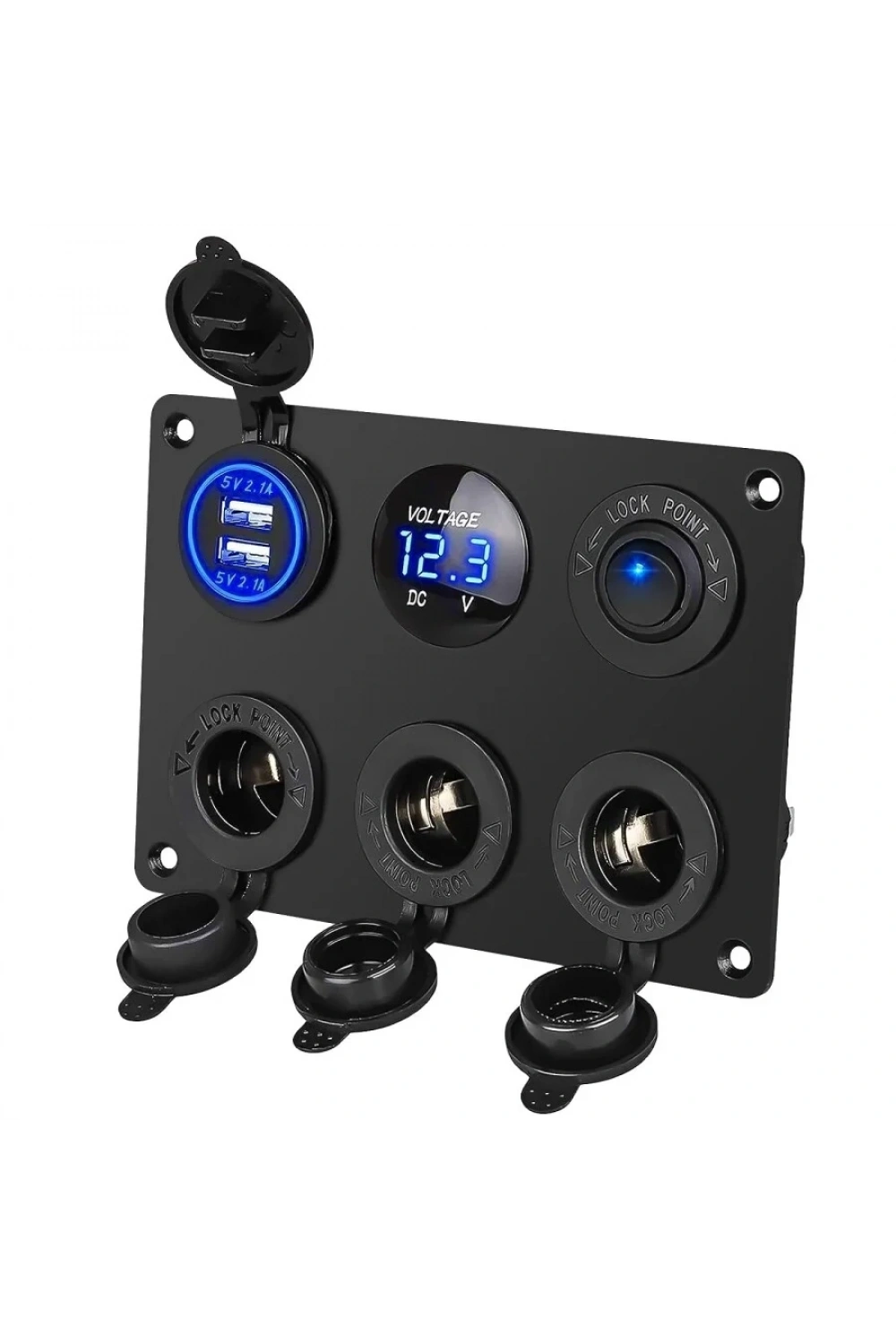 3lü Dişi Çakmaklık Soketi 2x5V USB Voltaj Göstergeli ve Mavi Nokta Işıklı Anahtar Switch Panel