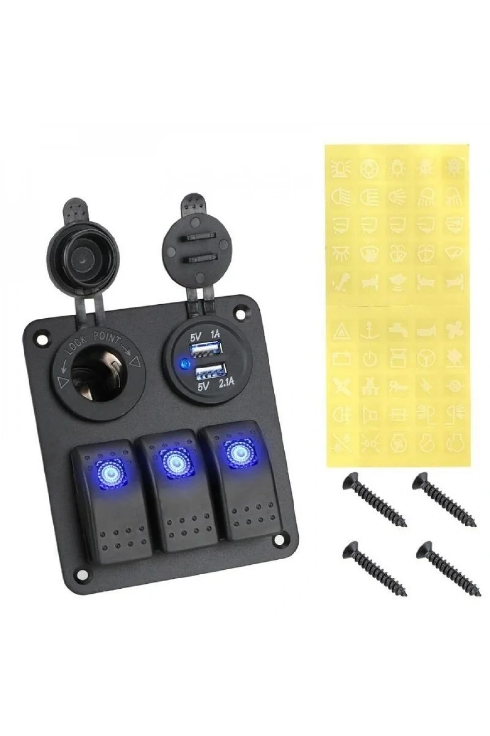 3lü ON-OFF Işıklı Anahtar Switch Panel 2x5V USB ve Çakmaklık Çıkışlı