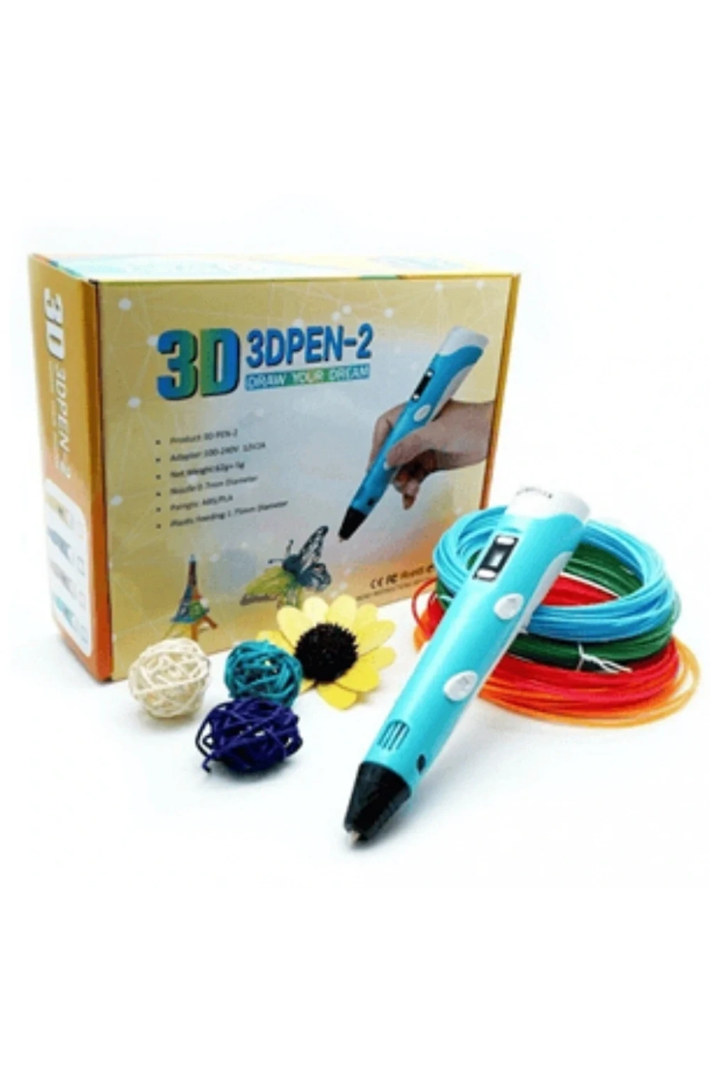 3D Kalem 3D Pen Baskı Kalemi Yazıcı Printer 3 Renk Filament Adaptör Hediye