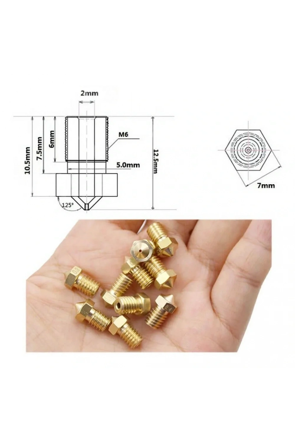 3D Yazıcı-Printer M6 1.75mm / 0.3mm V5-V6 Pirinç Nozzle