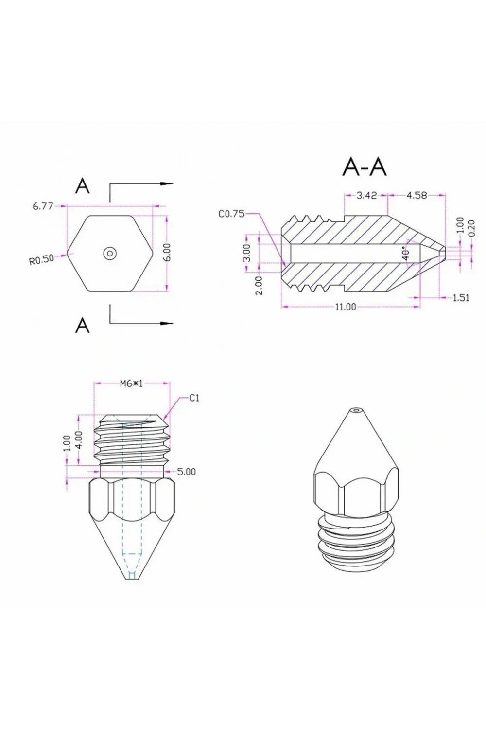3D Yazıcı-Printer MK8 0.2mm Pirinç Nozzle
