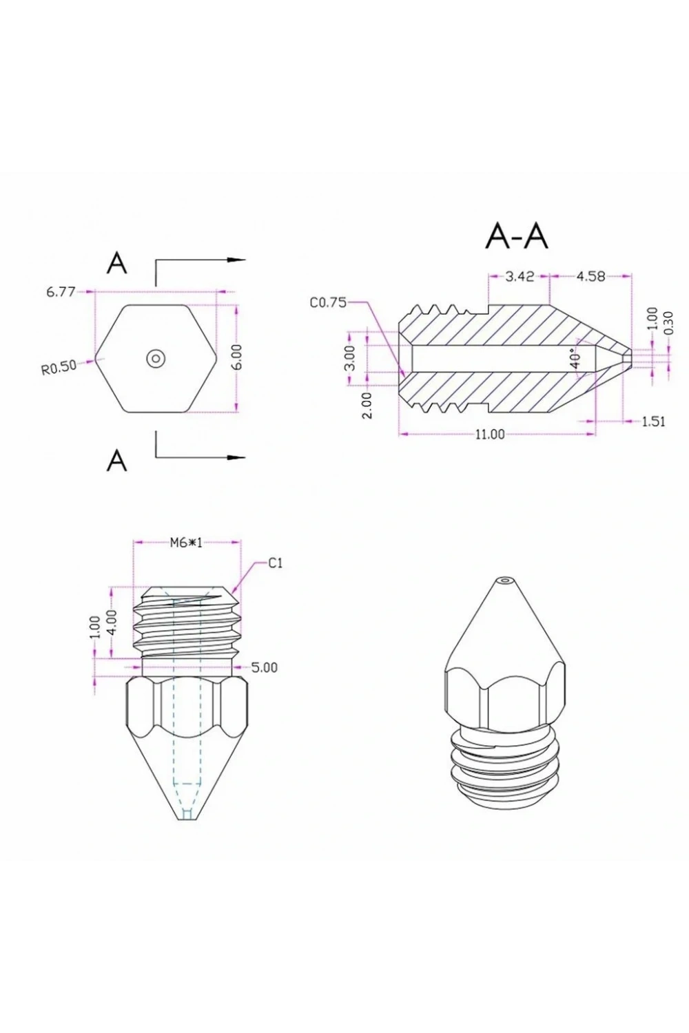 3D Yazıcı-Printer MK8 0.3mm Pirinç Nozzle