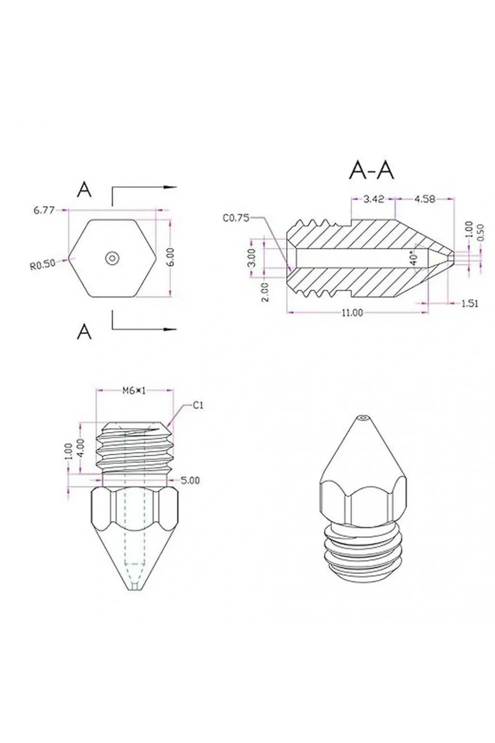 3D Yazıcı-Printer MK8 0.5mm Pirinç Nozzle