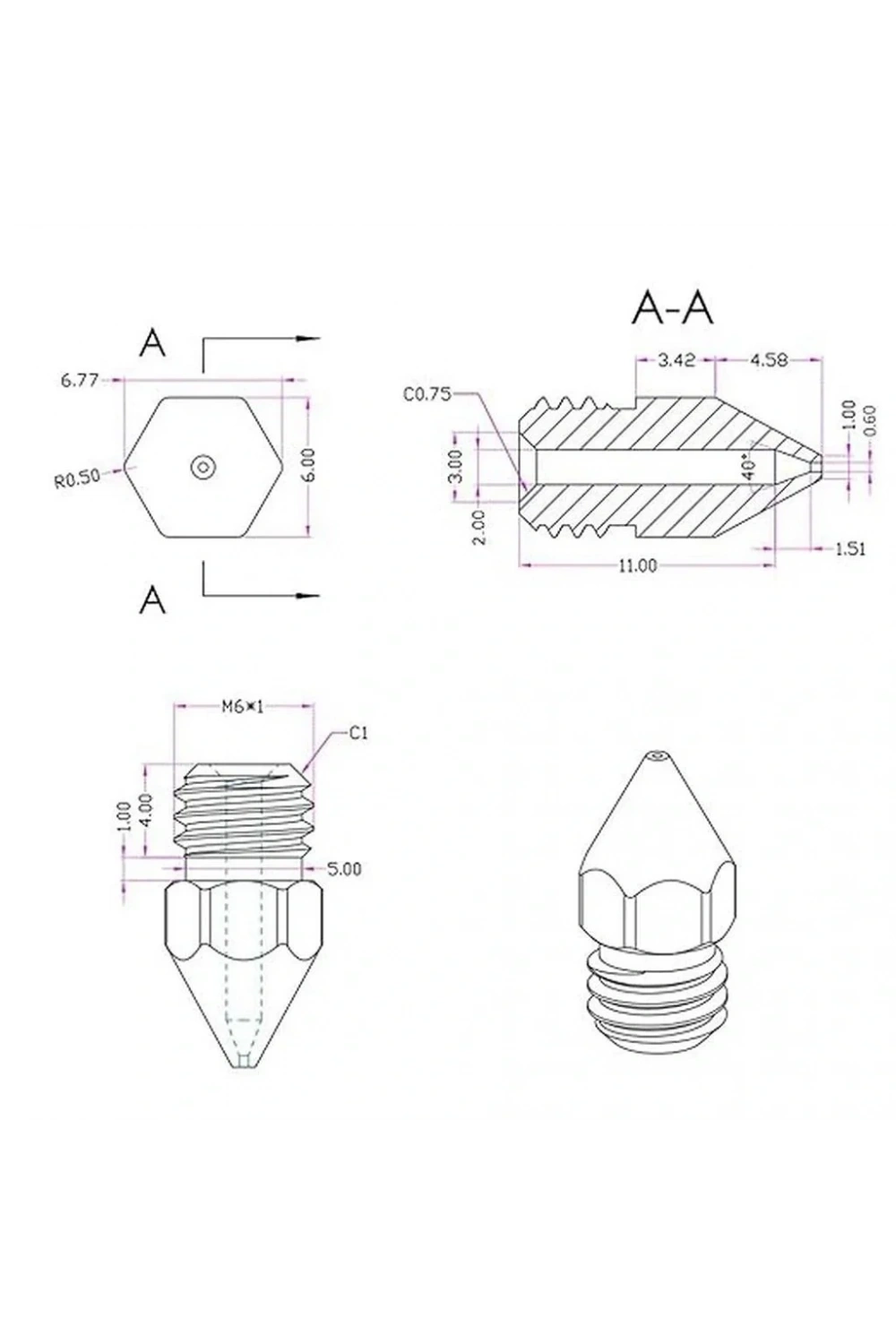 3D Yazıcı-Printer MK8 0.6mm Pirinç Nozzle