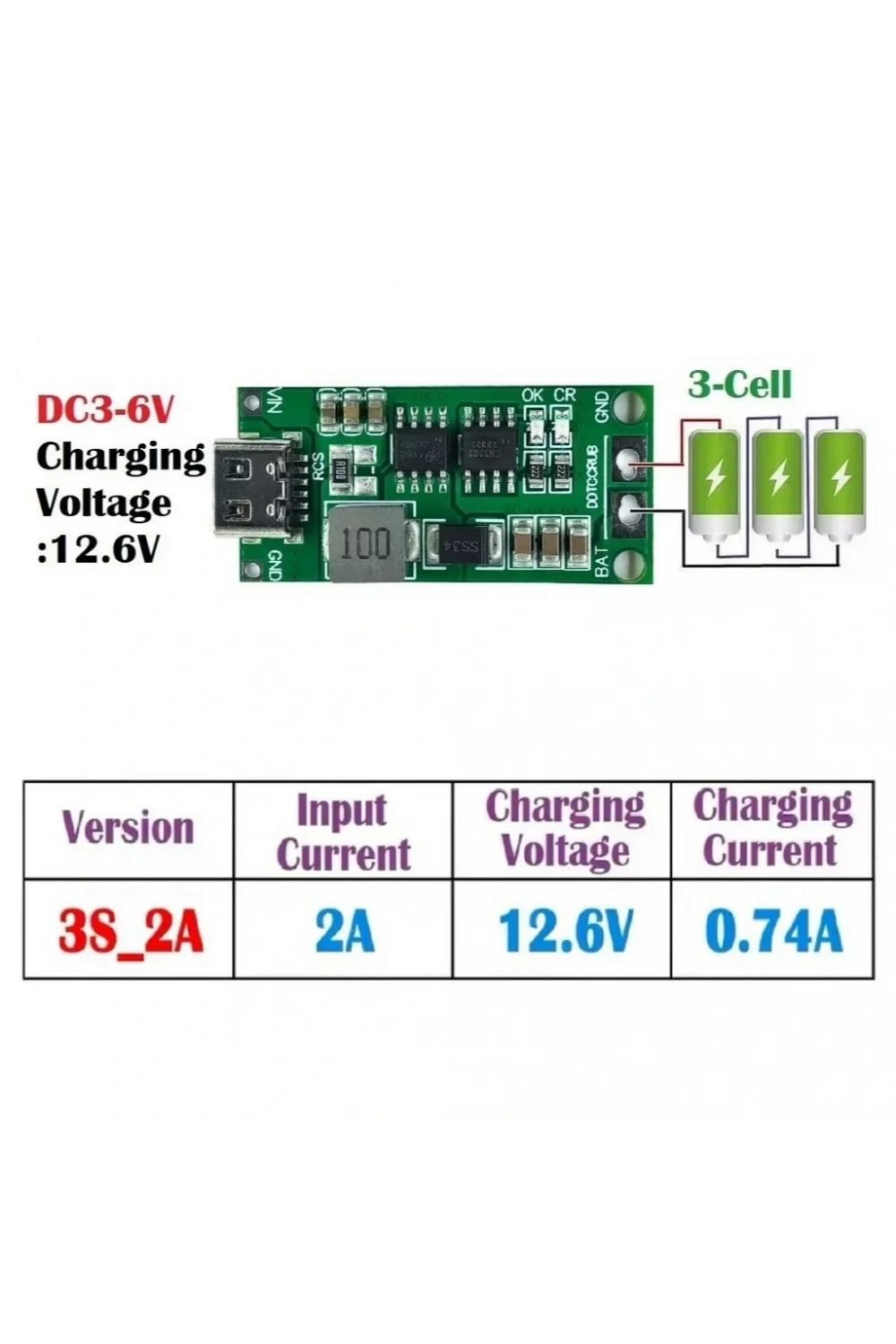 3S 2A Type-C Şarj Modülü Çok Hücreli 18650 Lityum Pil Şarj Devresi 12.6V