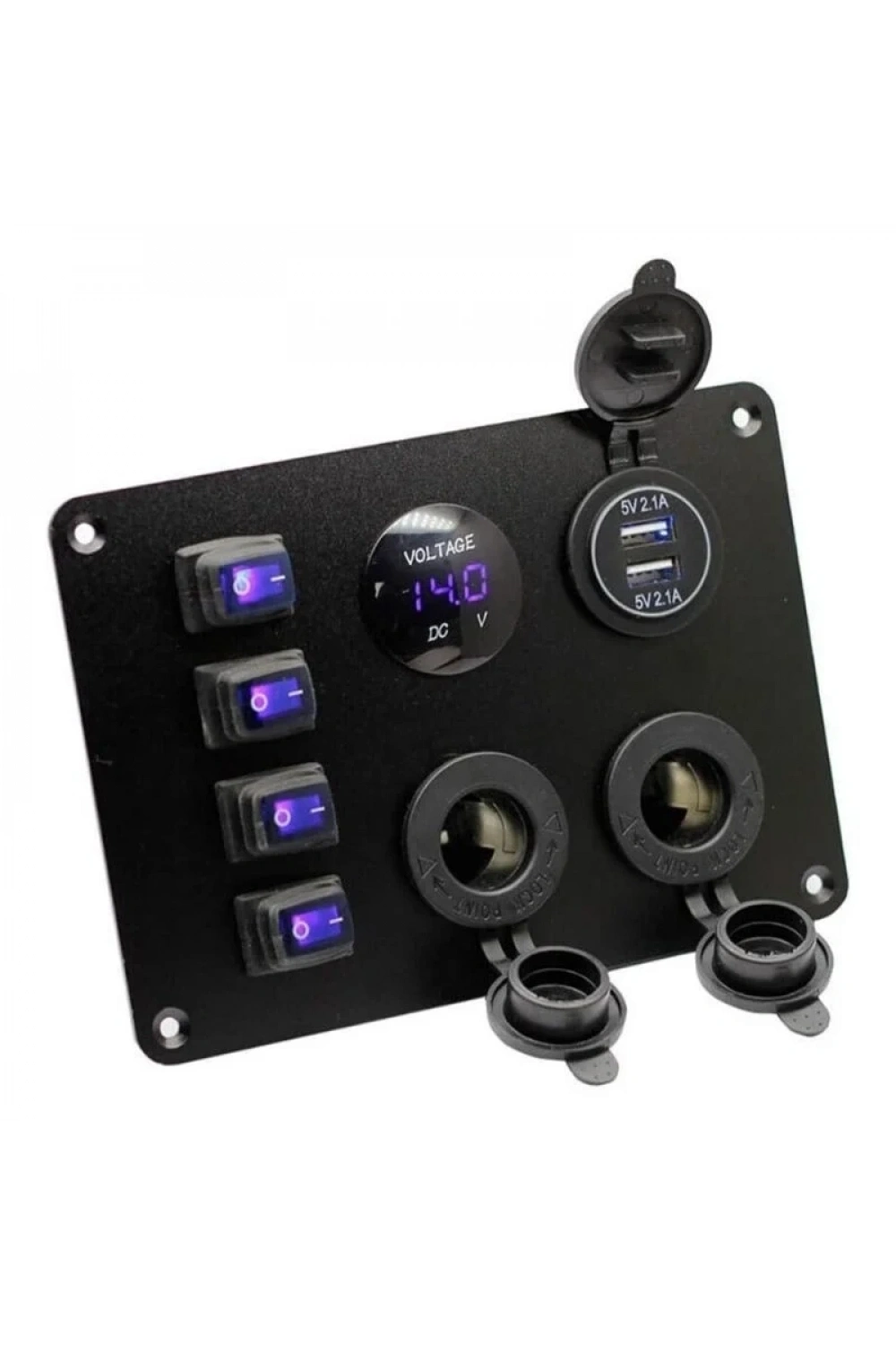 4lü ON-OFF Mavi Su Geçirmez Işıklı Switch Panel 2x5V USB 2xDişi Çakmaklık ve Voltaj Göstergeli